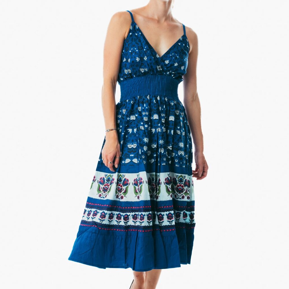 New Sexy Spaghetti Strap Midi Dress Casual Lady blue floral Beach Sash Dress